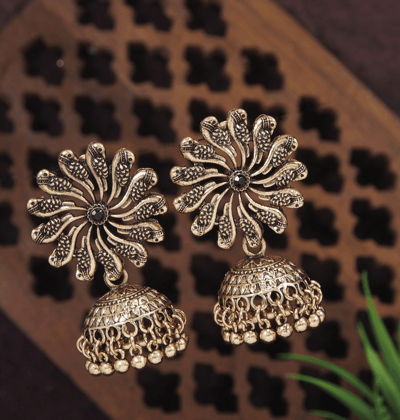 Antique Gold/Silver Plated Floral Peacock Design Hanging Beads Jhumki Earring- AER 3206