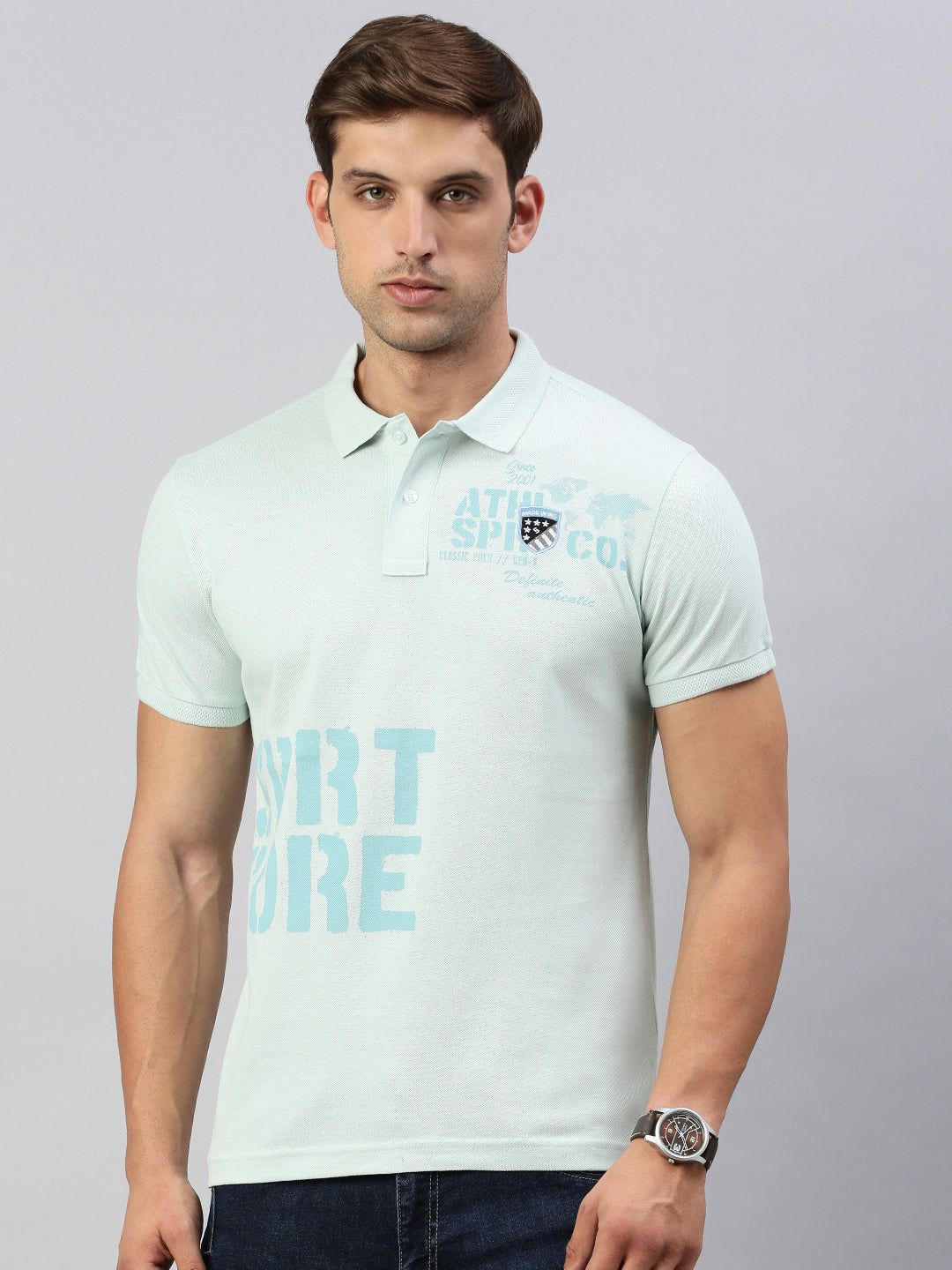 Classic Polo Men's Half Sleeve Lt.Green Polo Neck Slim Fit Printed T-Shirt | GENX-POLO 26 A SF P