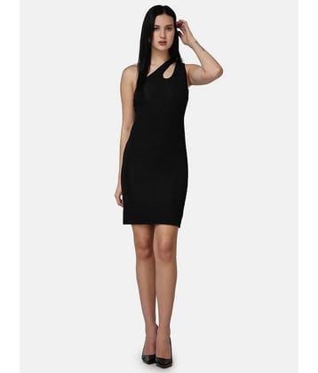 POPWINGS Women Polyester Solid Bodycon Dress ( Black )