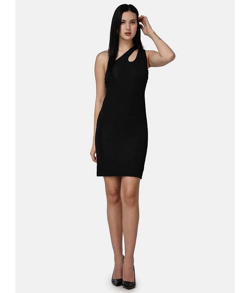 POPWINGS Women Polyester Solid Bodycon Dress ( Black )