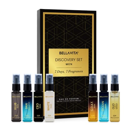 BELLAVITA Discovery | Long Lasting EDP 7x8ml Perfume Gift Set for Man | Woody, Oud and Fresh Premium Fragrance for Men | Ideal for Every Moment BELLAVITA Discovery | Long Lasting EDP 7x8ml Perfume Gift Set for Man | Woody, Oud and Fresh Premium Fragrance