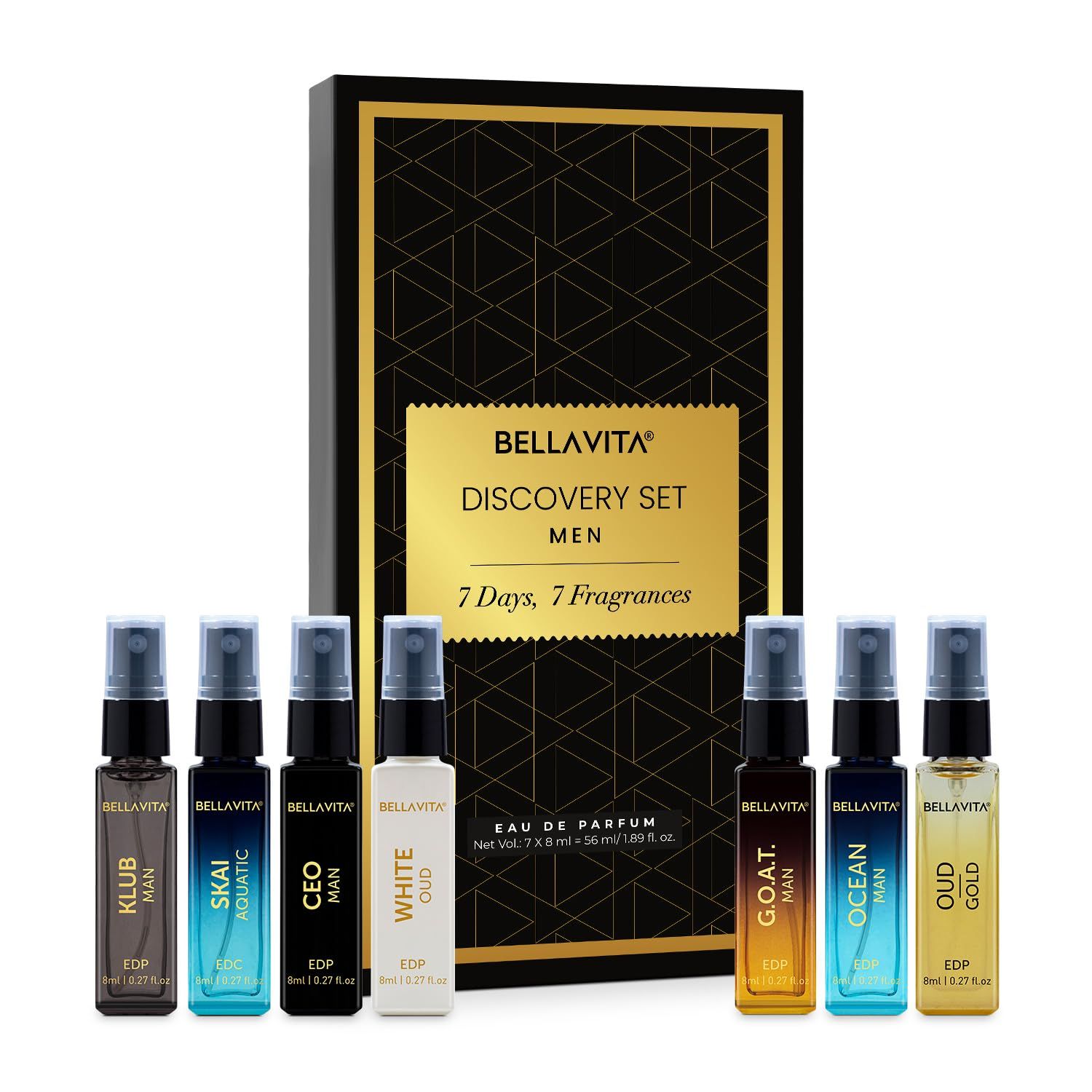 BELLAVITA Discovery | Long Lasting EDP 7x8ml Perfume Gift Set for Man | Woody, Oud and Fresh Premium Fragrance for Men | Ideal for Every Moment BELLAVITA Discovery | Long Lasting EDP 7x8ml Perfume Gift Set for Man | Woody, Oud and Fresh Premium Fragrance