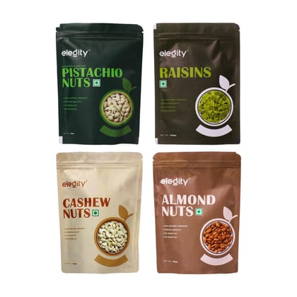 ELEGITY Dry Fruit Combo Pack | California Almonds, California Pistachios, W320 Cashew, Seedless Long Green Raisins (250 gm each) |100% natural |No added preservatives | Nutritious and Delicious Snacks