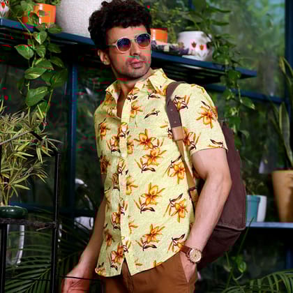 Aztec Lily Cream Print Casual Pure Linen Half Shirt (Size - S) by BLUE EAGLE