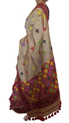 Assamese Mekla Chador - Traditional Munga Tassar Fabric Attire with Vibrant Floral Patterns, Decorative Tassels, and Traditional Motifs for Festive and Cultural Events