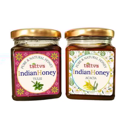 IndianHoney Rajasthan Acacia Honey & Ayurvedic & Stress-Relief Tulsi Infused Honey Combo Pack (230gm & 230gm)