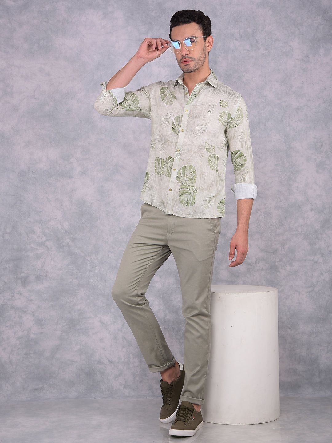 Olive Floral Print Linen Shirt-M / Olive