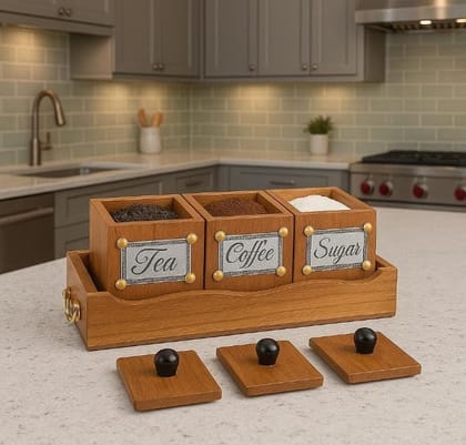 Brown Wooden Tea Coffee Sugar Container Set With Tray, Antique Look Used For Storing Tea & Coffee