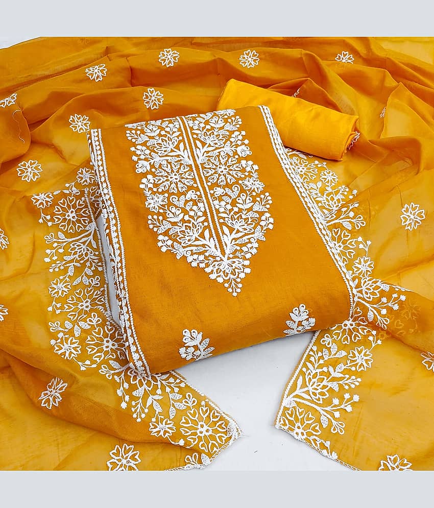 Rangtulika Ethnics Unstitched Cotton Blend Embroidered Dress Material - Yellow ( Pack of 1 )