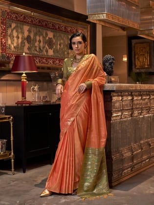 Peach Pure Tussar Silk Woven Designed Weaving Saree