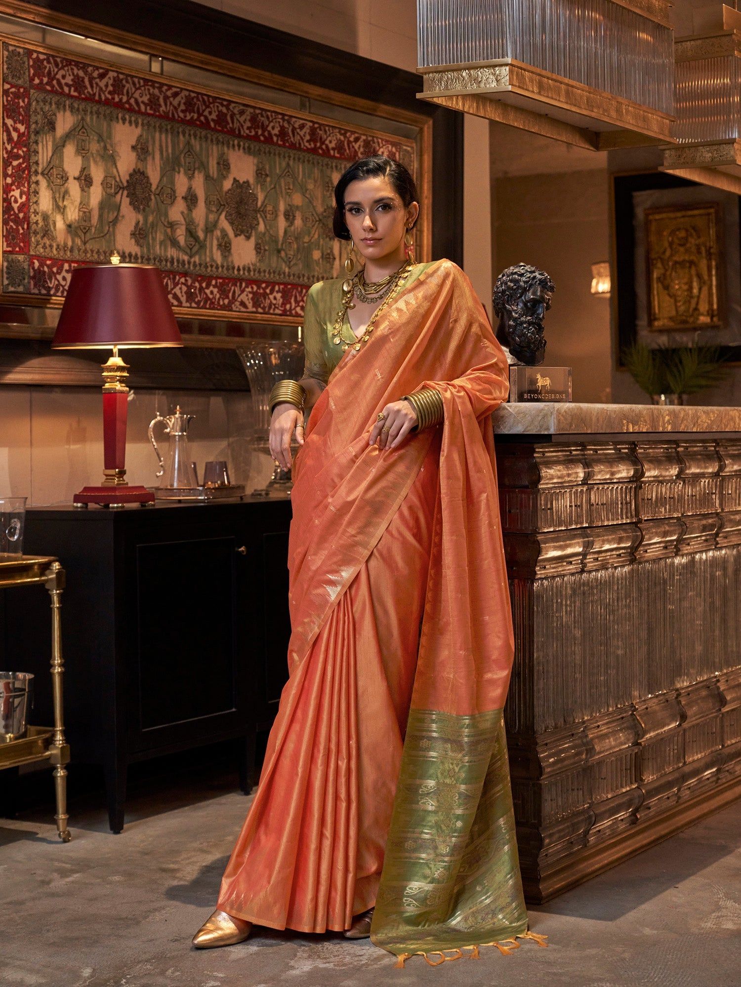 Peach Pure Tussar Silk Woven Designed Weaving Saree