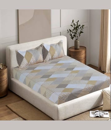 Welhouse India Cotton Abstract 1 Double King Size Bedsheet with 2 Pillow Covers - Beige