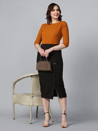 Straight Fit Stretch Longline Button Detail Skirt-Black-XS / Black