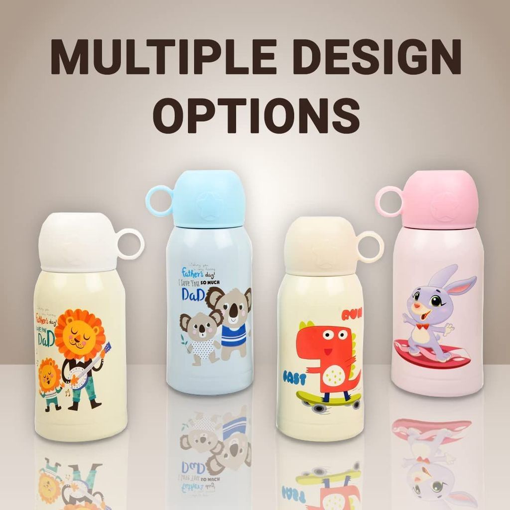 Femora Kids Lion Design Hot & Cold Thermosteel Water Bottle for Kids Double Walled Vacuum Insulated Stainless Steel Bottles with Bag (550 Ml) (Cream)