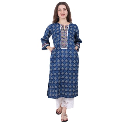 Blue printed Kurta with Neck Detailing-S