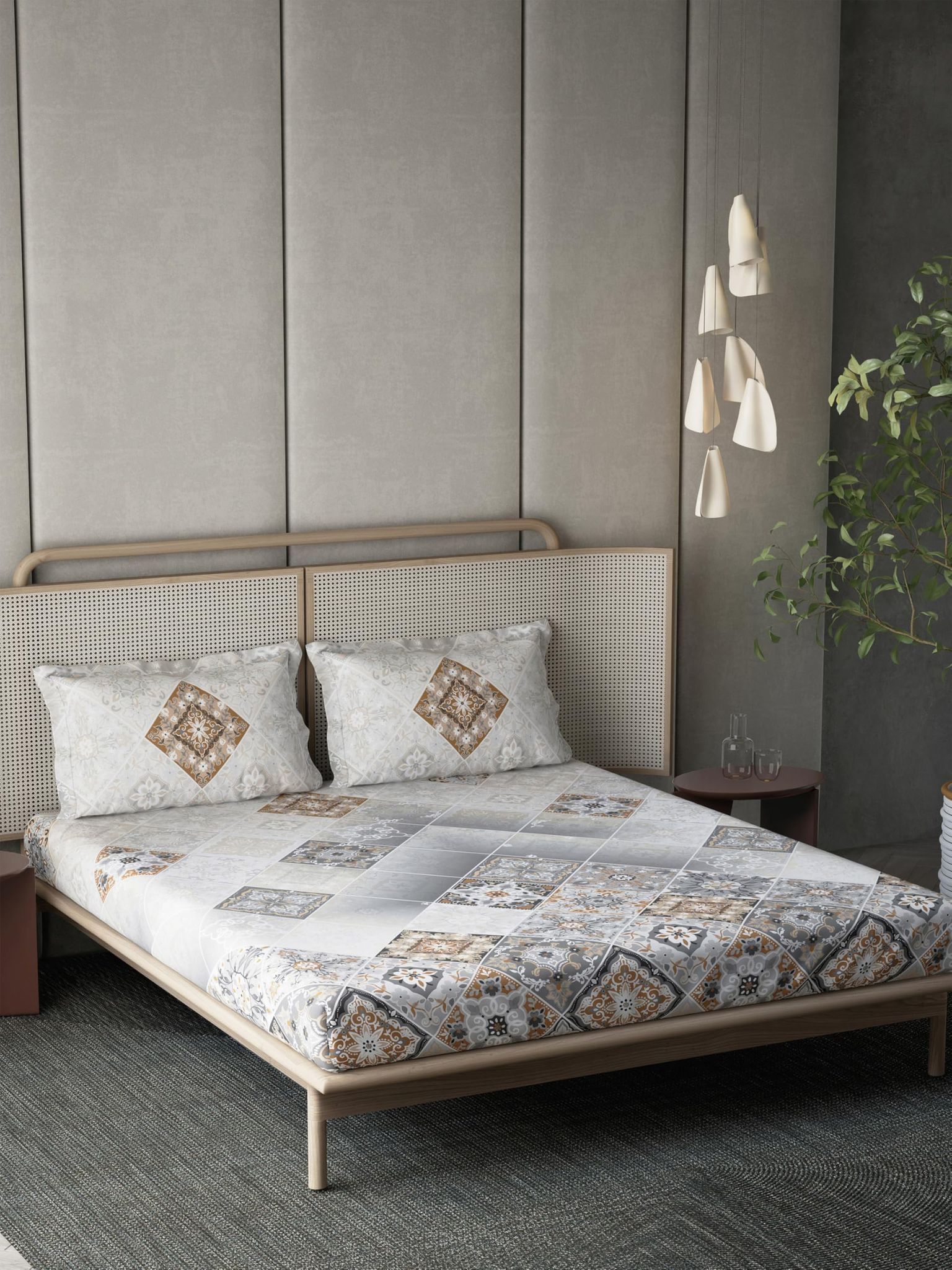 DDECOR - Treasure Collection 100% Cotton Global Ethnic Pattern 145TC Super King |274 CM X 274 CM| with 2 Pillow Covers - Grey