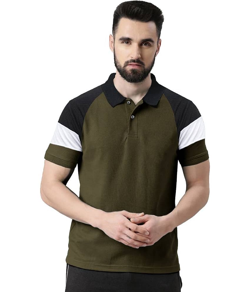 Leotude Pack of 1 Cotton Blend Regular Fit Colorblock Half Sleeves Men's Polo T Shirt ( Olive )
