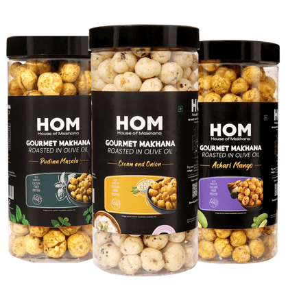 GOURMET MAKHANA Roasted in Olive Oil | Flavors Pudina Masala , Cream & Onion and Achari Mano| Combo Of 3, 65g Each. - 195 gm