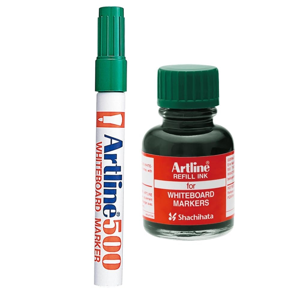 Artline Combo of Green Colour 500 Whiteboard Marker X 10 with ESK50 Refillable Ink X 10 | Efficient and cost-effective solution for your writing needs