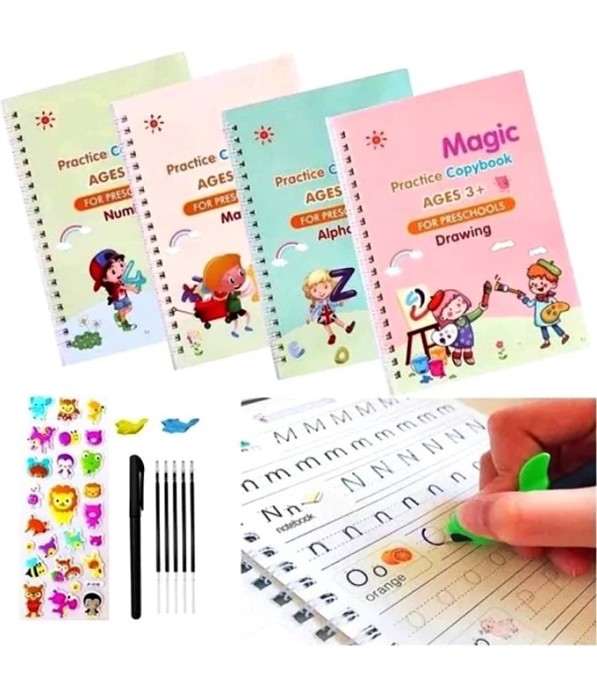 Magic Practice Copybook - (1 Pen + 1 Grip + 4 BOOKS + 10 REFILL) Number Tracing Book - Writing Book
