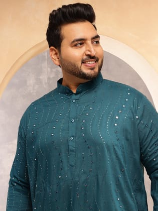Men's Cotton Designer Teal Blue Long Kurta with Mirror Embroidery-46