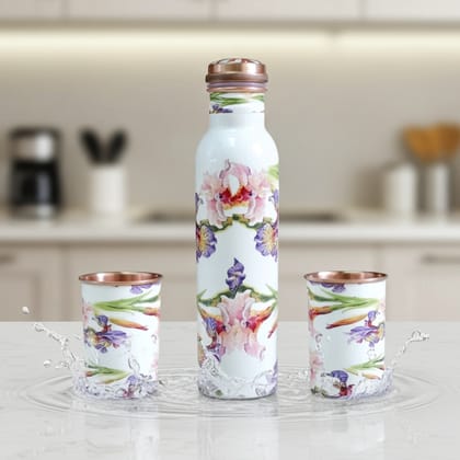 Copper Water Bottle Set with 2 Glasses | Premium Ayurvedic Drinkware , Height : 3.8 Inch (BCMAS146 A)