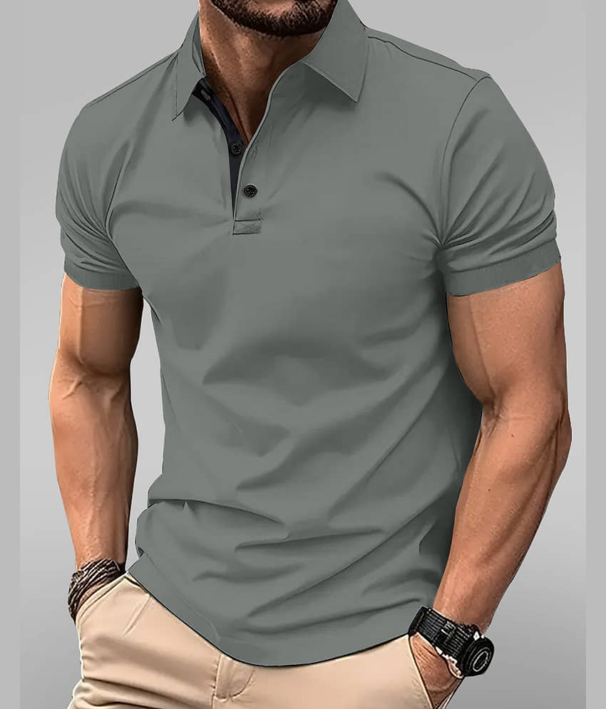 Eyebogler Men Cotton Blend Regular Fit Solid Polo T Shirt ( Grey )