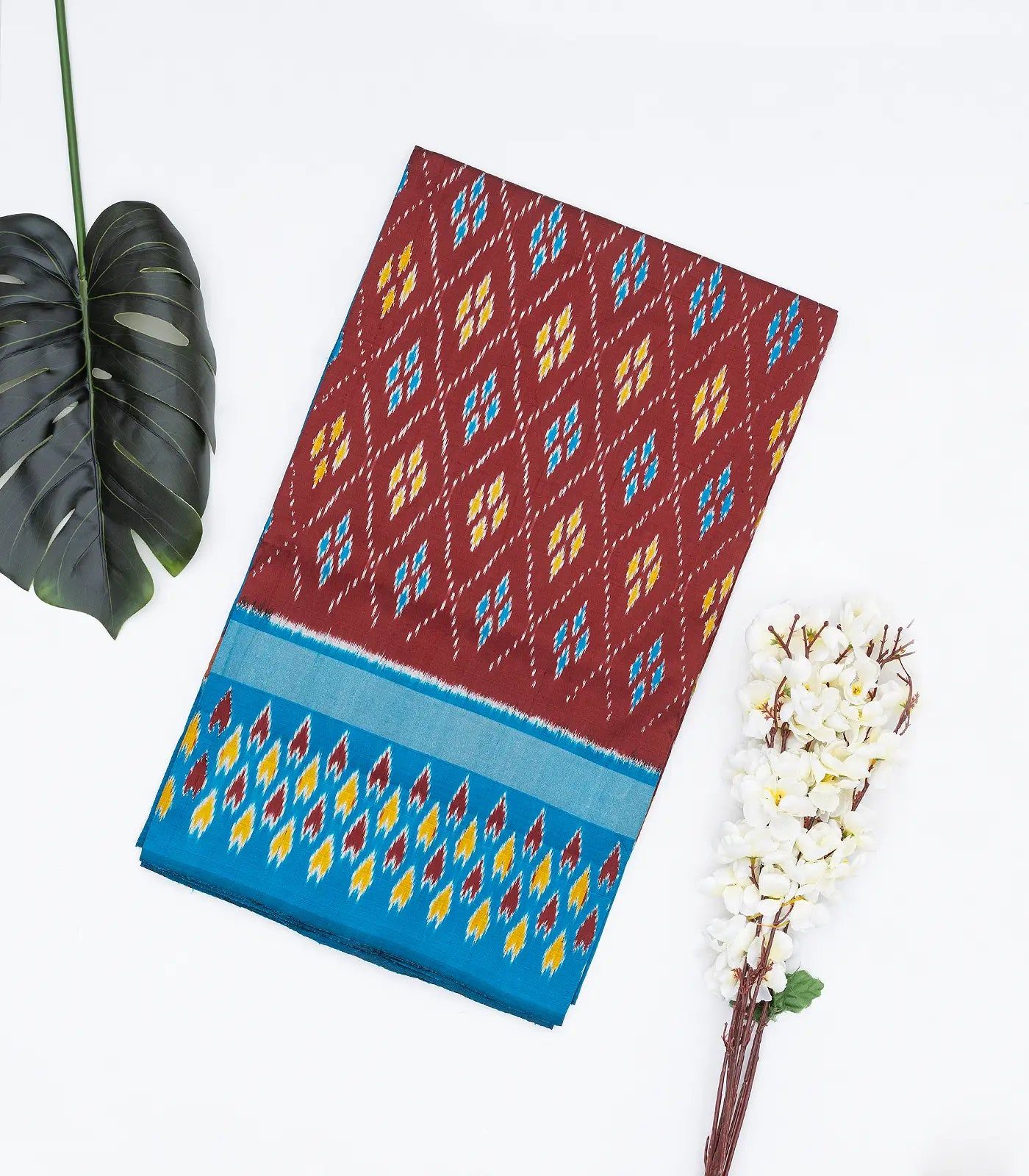 Maroon Handloom Ikat Silk Saree With Contrast Blue Border-Maroon