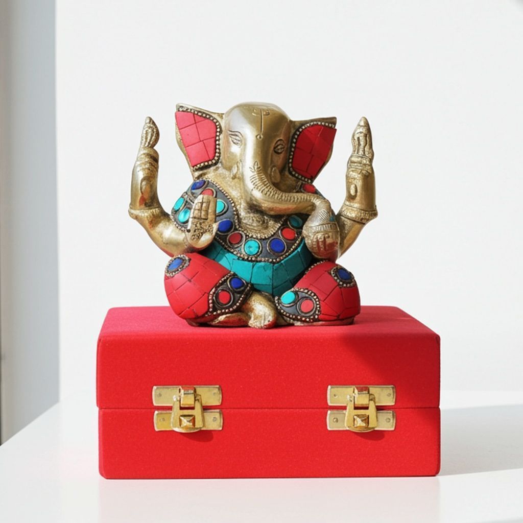 Brass Showpiece Ganesh Ji Stone Statue With Valvet Box (BSMAS887 A)