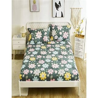 Unv Green Flower Print King Size Double Bedsheet With Pillow Covers