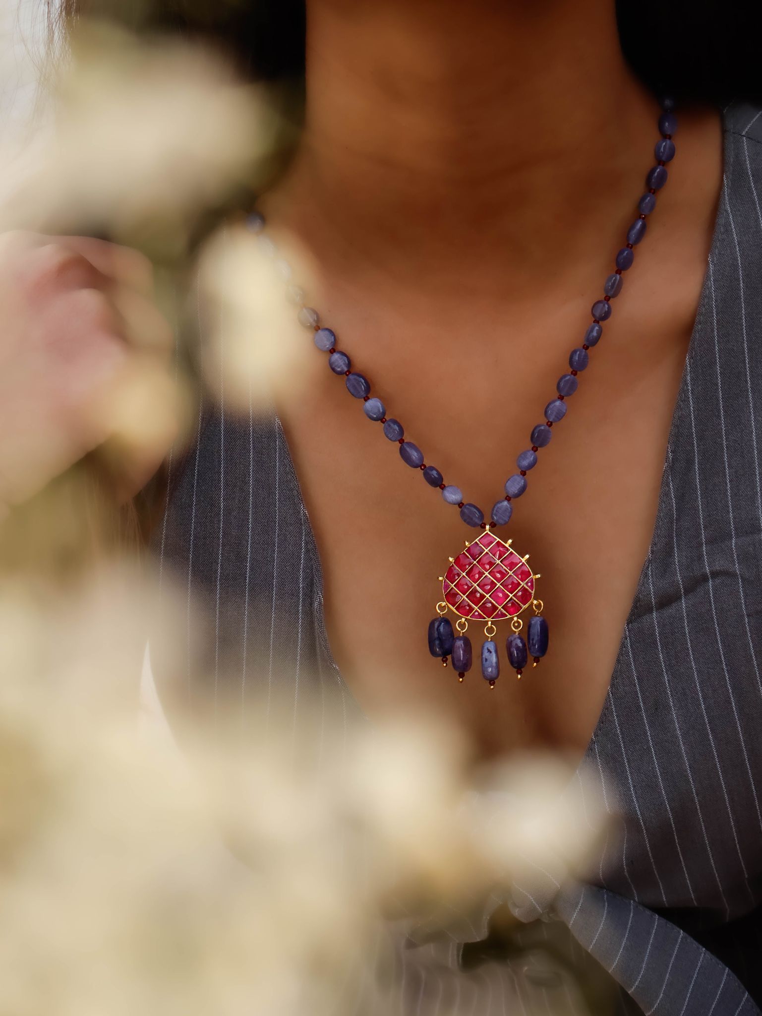 Pia Purple & Pink Pendant Kundan Necklace-Purple