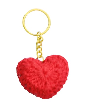 Sukeshcraft Handmade Crochet Heart Keychain, Red Yarn with Gold Chain