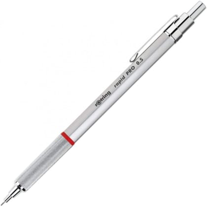 Rotring Rapid Pro Silver 0.5mm Mechanical Pencil HB Lead,Metal Body,Inbuilt Eraser,Push-Button Cap,Non-Slip Metal Knurled Grip.