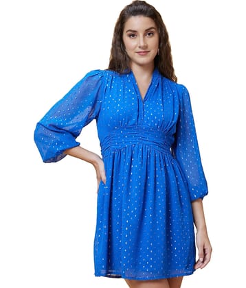 Globus Polyester Self Design Mini Women's A-line Dress - Blue ( Pack of 1 )