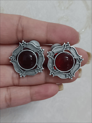 German Silver Stoned Earrings-maroon