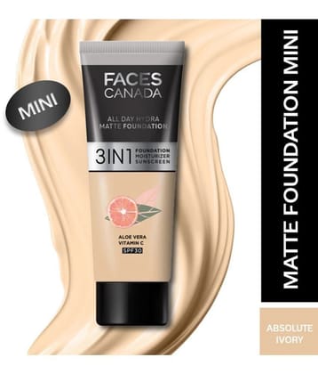 FACES CANADA Hydra Matte Foundation - Mini 3-in-1 Foundation,Moisturizer,SPF 30 ,Absolute Ivory,15ml
