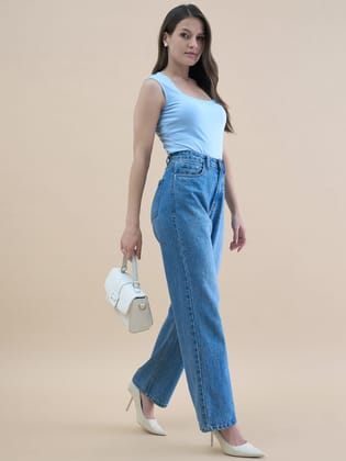 Square Neck Knit Cap Sleeve Solid Ice-Blue Tank Top In Stretch Fabric-XS