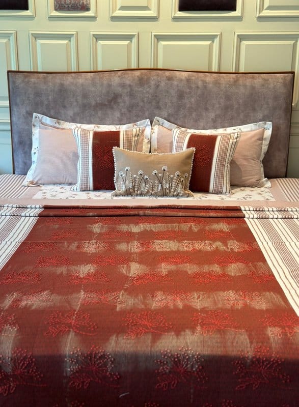 KRI India Bloom Burnt Red Stone Washed Embroidered Bedcover Set | Burnt Red, beige and off white  | 108x108 inches  | Wash & Care | 100% Cotton | Handcrafted in India. 100% organic & natural.