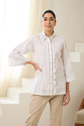 IVORY SEQUINED COTTON SHIRT-White / Cotton / XXS