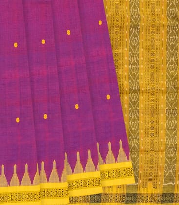 Purple Handloom Orissa Silk Saree With Floral Motifs & Contrast Yellow Border-Purple-Purple