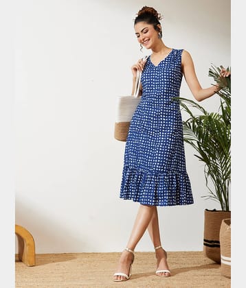 Janasya Women Cotton Printed Fit & Flare Dress ( Navy Blue )