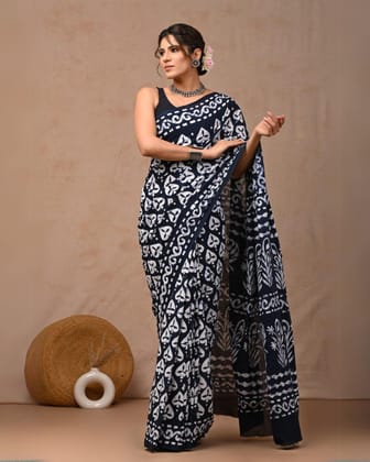 Blockprinted Pure Mul Cotton Intricate Blue Saree