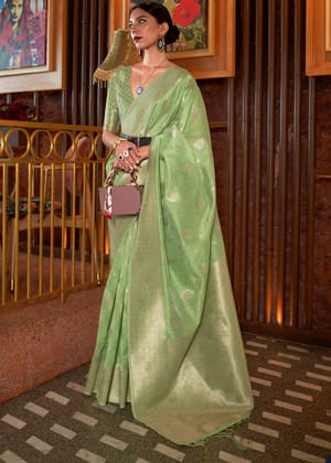 Pistachio Green Woven Banarasi Textured Silk Saree