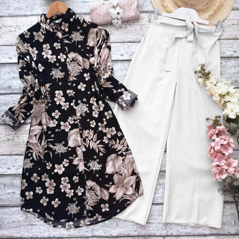 Elegant Peach Floral Kurti & Stretchable Palazzo Set in Black by GlamaStitch-M