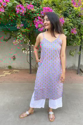Domino Pastel Blue Floral Spaghetti Straight Cotton Kurta-XS
