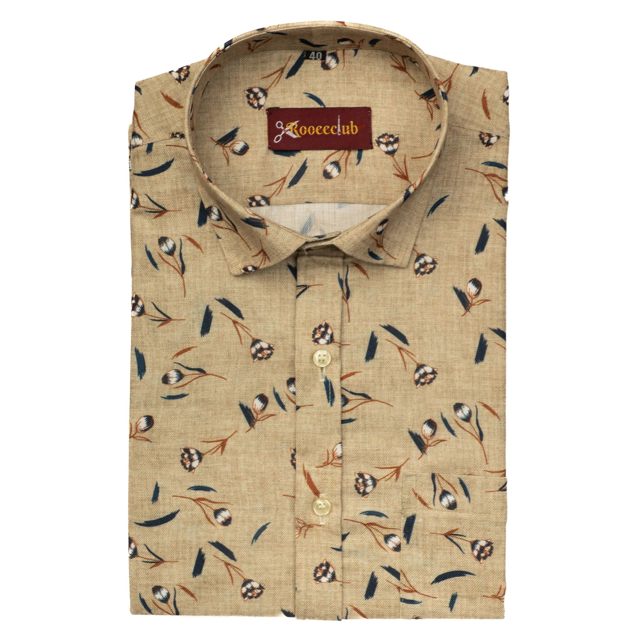 Cream Leaf Color Printed Color Cotton Shirts-XL (42 Inch) (107 CM) / Full