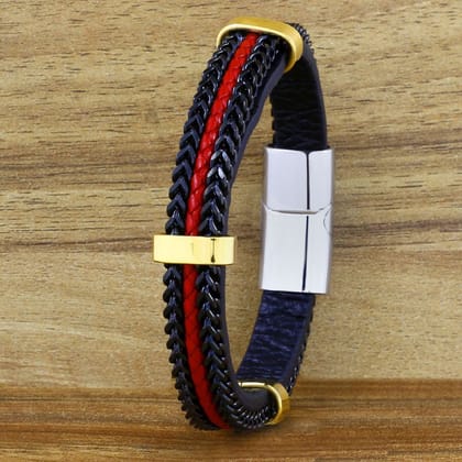 Red Black 316L Stainless Steel Braided Genuine Leather Bracelet Men