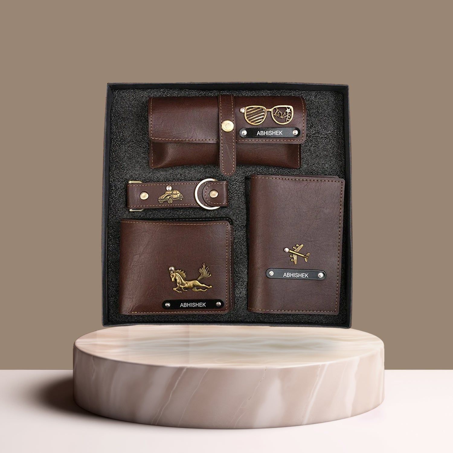 4 In 1 Combo Travelling Personalized Gift Set For Him-(Brown)