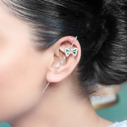Hanging Bow Motif Silver Needle Ear Cuff-Silver