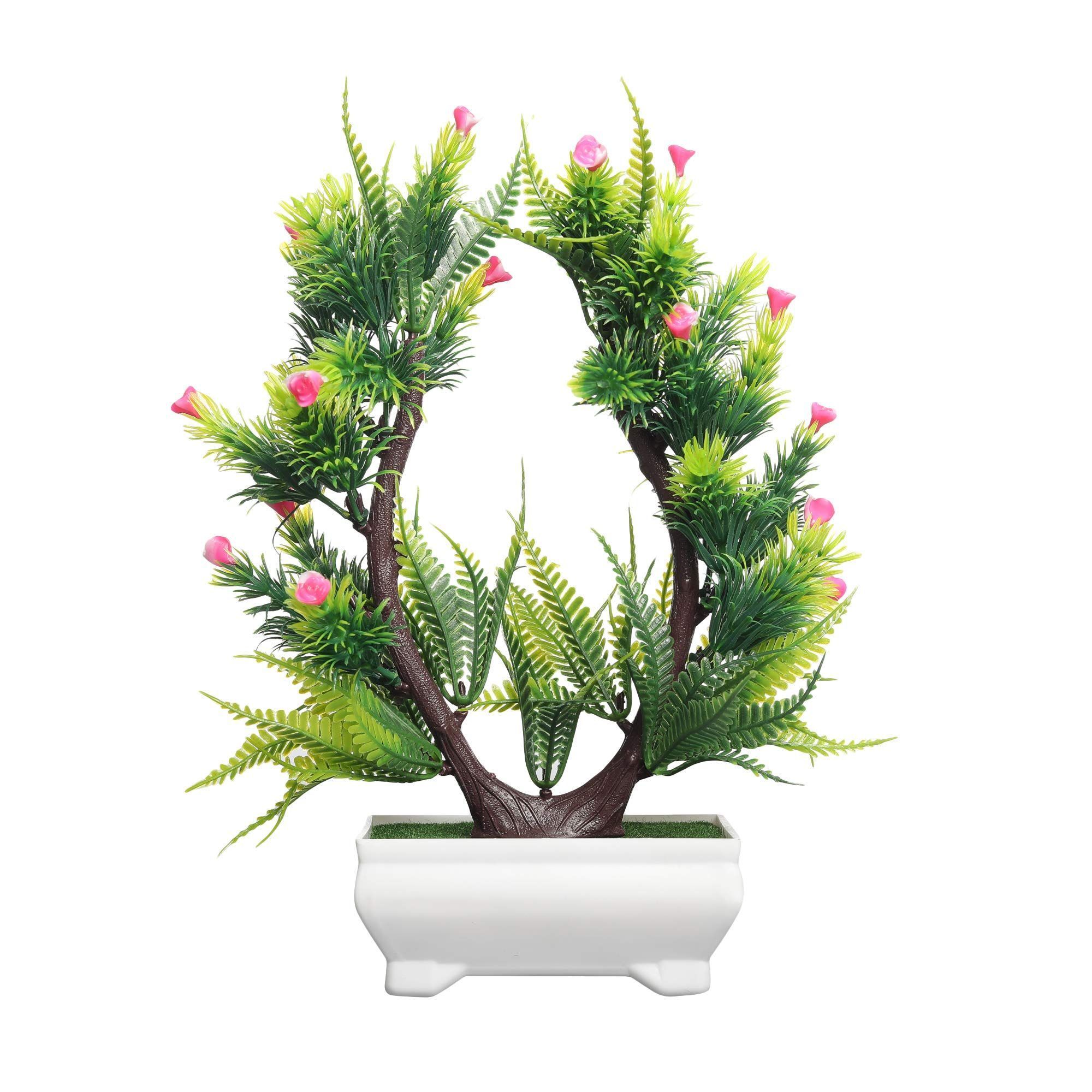 FOLIYAJ Artificial Plant Bonsai Tree with Pot for Home Decor Living Room (23 cm x 10 cm x 23 cm, FYJ-WPT-B-USHPTALBUSHPNKFLW)